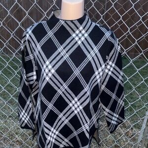 Ann Klein,  Black and White, Mock Neck Plaid Sweater